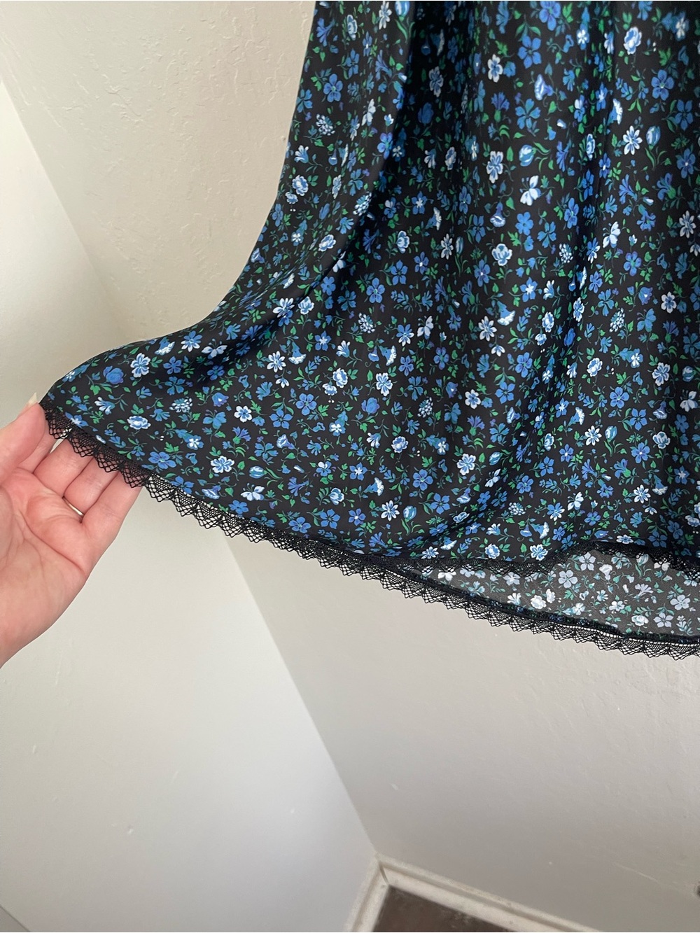 ZARA Maxi Satin Black Blue Floral Slip Skirt Lace Trim Whimsy Goth Womens Small - Picture 3 of 5
